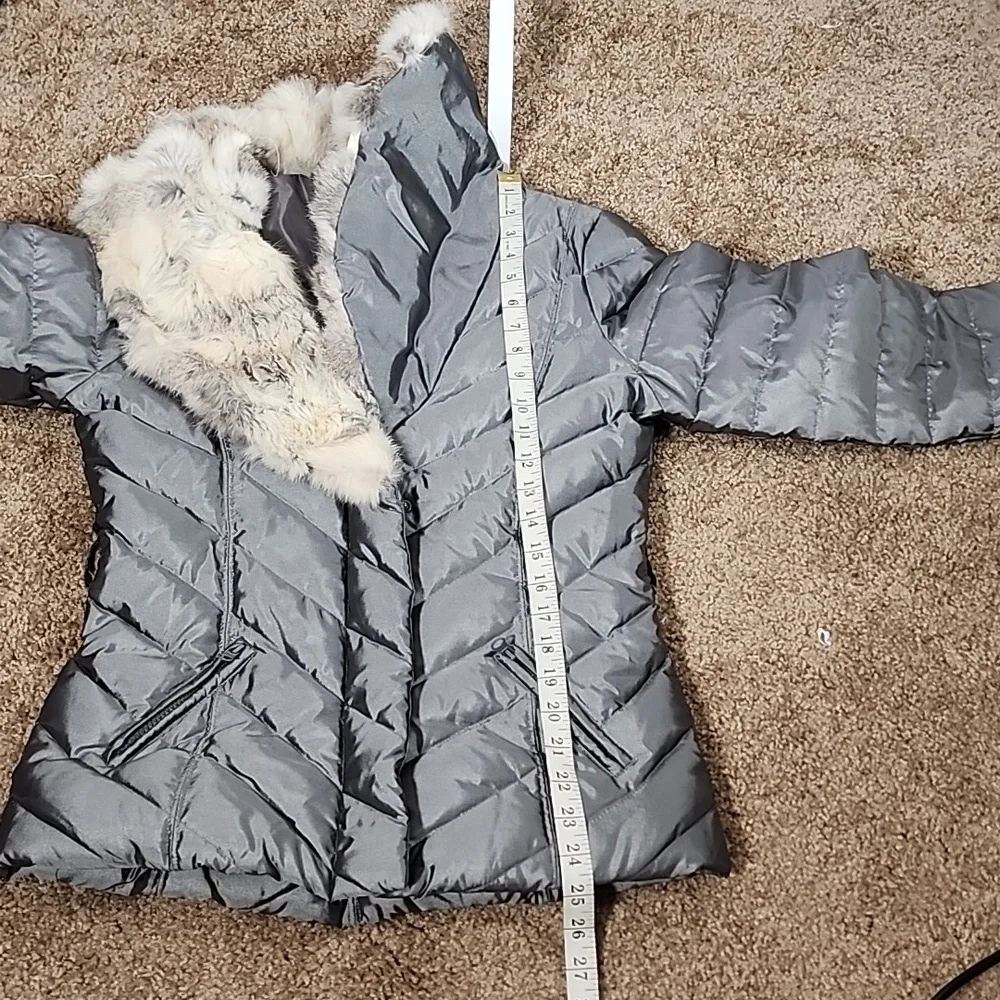 Bebe Rabbit Fur Trimmed Silver Puffer Jacket Coat